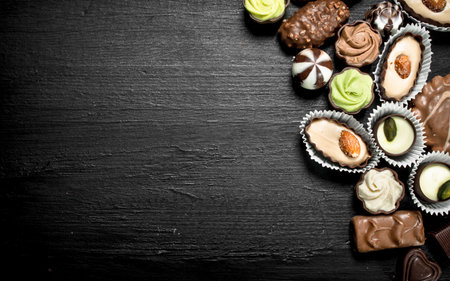 Chocolate sweet candies. On the black chalkboard.の写真素材