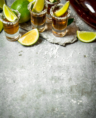 Tequila with salt and lime slices. On the stone table.の写真素材