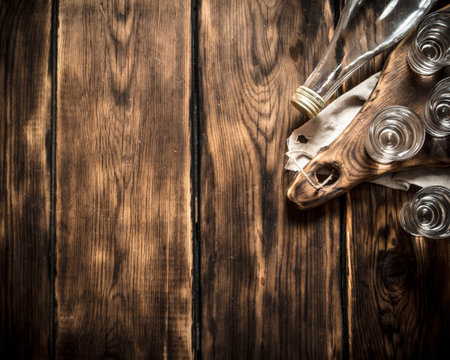 Vodka bottle with shot glasses on the Board. On wooden background.の写真素材
