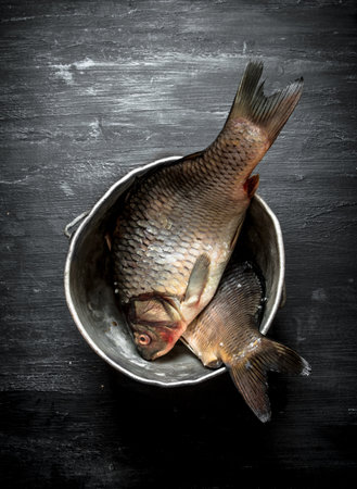 Fish in the old pot. On a black wooden background.の写真素材