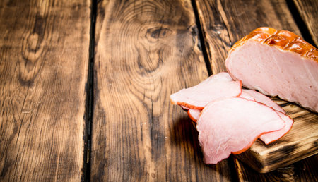 Sliced ham on the Board. On wooden background.の写真素材
