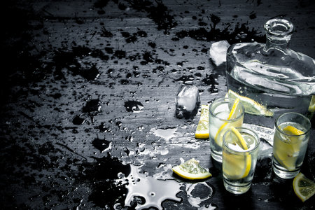 Vodka in glasses with lemon and ice. On the black chalkboard.の写真素材