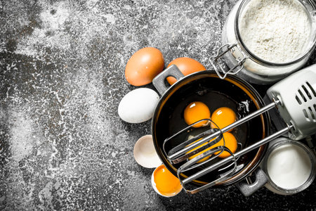 Baking background. Blend eggs with a mixer to make a dough. On a rustic background.の写真素材