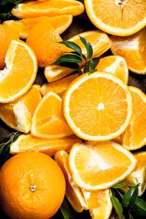 Fresh oranges on a tray. OTop viewの写真素材