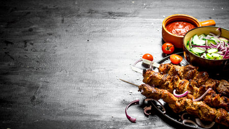 Shish kebab of pork and salad. On the black wooden table.の写真素材