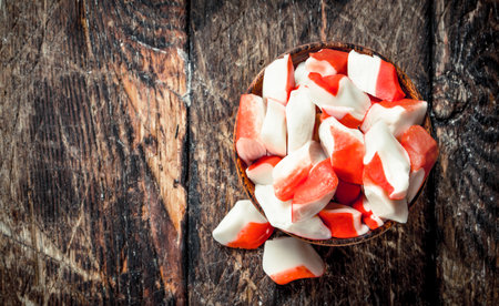 Crab meat in a bowl. On a wooden background.の写真素材