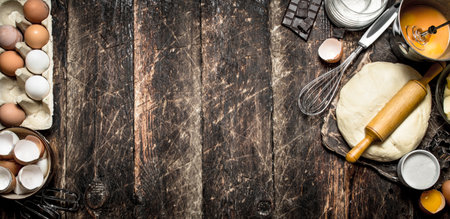 Dough background. The pastry with a rolling pin and ingredients. On a wooden table.の写真素材