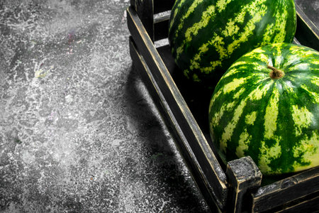 Fresh watermelons in a box. On a rustic background.の写真素材