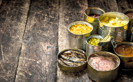 Various canned vegetables, meat, fish and fruits in tin cans. On a wooden background.の写真素材