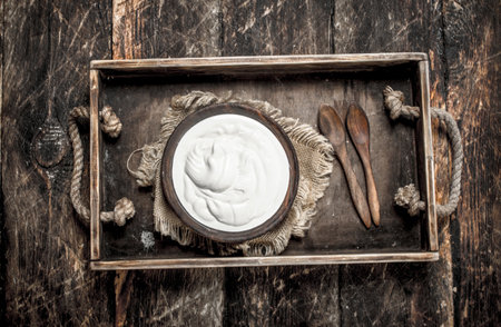 Natural yogurt in a bowl. On a wooden background.の写真素材