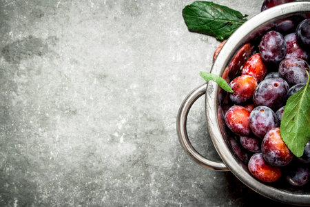 Ripe plums with green leaves. On a stone background.の写真素材