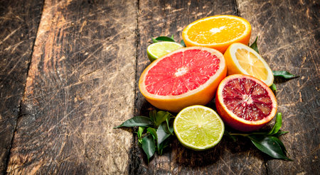 Citrus background. Fresh citrus fruits - Lemons, oranges, limes, grapefruits. On wooden background.の写真素材
