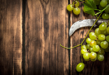 White grapes with an old knife. On a wooden table.の写真素材