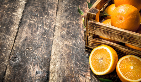 Fresh oranges in box. On a wooden background.の写真素材