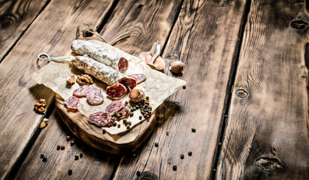 Salami flavored with garlic and spices . On wooden background.の写真素材