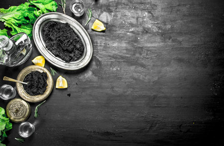 Black caviar with vodka and lemon slices. On a black chalkboard.の写真素材