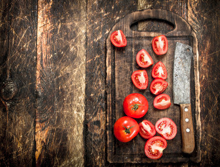 Fresh tomatoes with old hatchet on a chopping Board. On wooden background.の写真素材