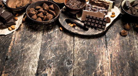 Chocolate bars with truffles and cocoa powder. On a wooden background.の写真素材
