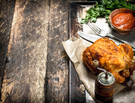 Fried chicken with herbs and sauce. On a wooden table.の写真素材