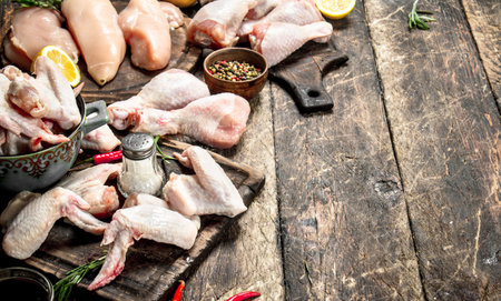 Various types of raw chicken meat with herbs .On wooden background.の写真素材