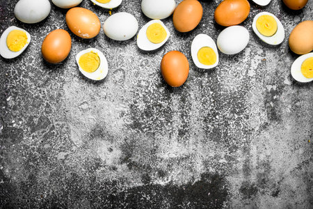 Boiled chicken eggs. On a rustic background.の写真素材