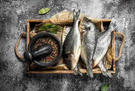 resh Dorado fish with spices on an old tray. On a rustic background.の写真素材