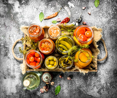 Preserved vegetables with mushrooms on an old tray. On a rustic background.の写真素材