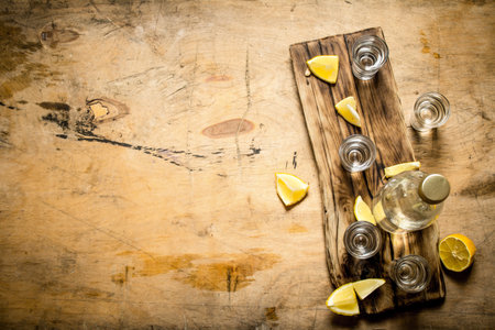 Bottle of vodka with shot glasses and lemon. On wooden background.の写真素材