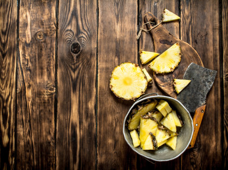 Slices of pineapple in a pot with an axe. On a wooden table.の写真素材