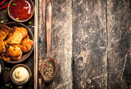 Chicken nuggets with various sauces. On a wooden background.の写真素材