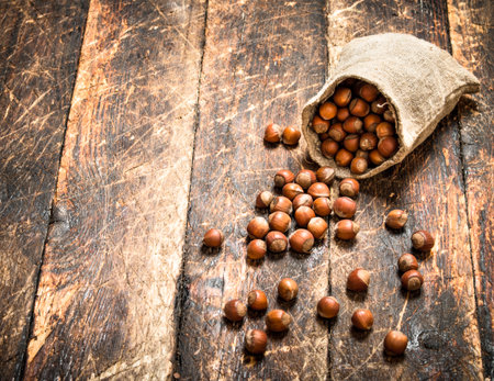 The hazelnuts in an old sack. On wooden background.の写真素材