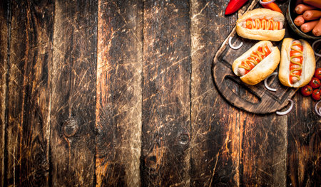 Street Food. Hot dogs with mustard and tomato sauce. On a wooden table.の写真素材