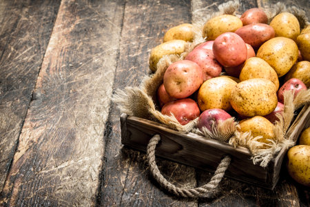 Fresh potatoes on a wooden tray. On a wooden background.の写真素材