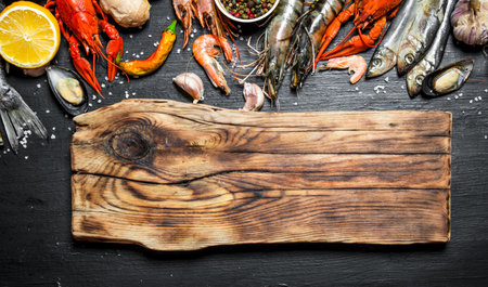 Fresh seafood. Cutting Board with a variety of shrimp, fish and shellfish. On a black chalkboard.の写真素材