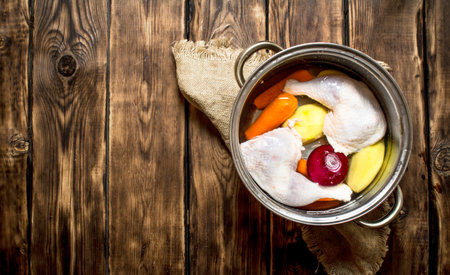 Chicken soup with vegetables. On a wooden table.の写真素材
