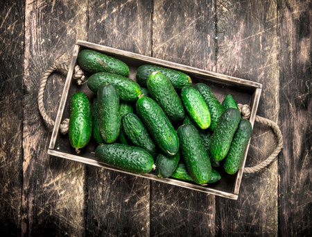 fresh cucumber on an old tray. On a wooden background.の写真素材
