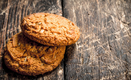 Oat fresh cookies . On a wooden background.の写真素材