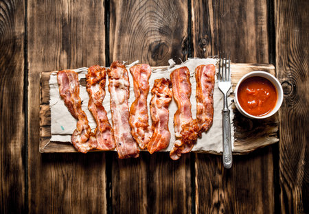 Fried bacon with tomato sauce. On a wooden background.の写真素材