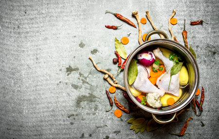 Cooking chicken soup with vegetables in a large pot. On the stone table.の写真素材
