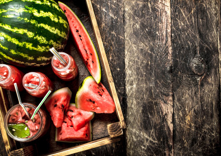 Cocktail of fresh watermelons in bottles. On a wooden background.の写真素材