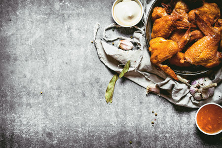 Smoked chicken wings with sauce. On a stone background.の写真素材