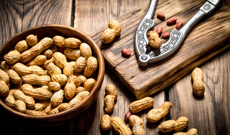 Peanuts in a bowl with a Nutcracker on the Board. On wooden background.の写真素材