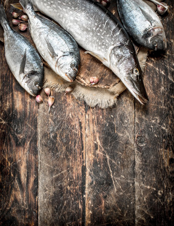 Fresh fish on the board. On a wooden background.の写真素材