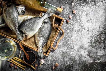 Fresh Dorado fish with spices and white wine. On a rustic background.の写真素材