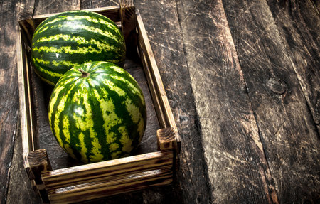 Fresh watermelons in a box. On a wooden background.の写真素材