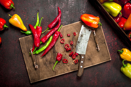 Sliced hot pepper on an old board. On a rustic background.