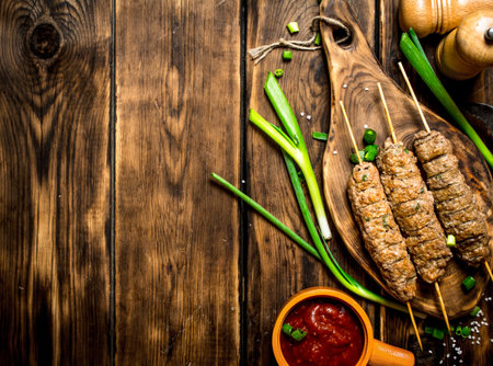Kebab with tomato sauce and spices. On a wooden table.の写真素材