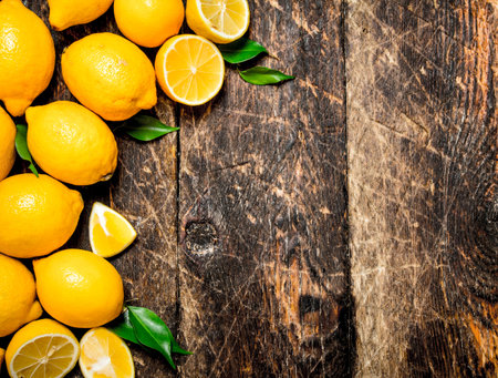 Ripe fresh lemons. On a wooden background.の写真素材