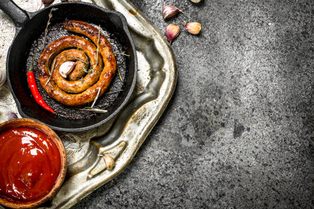 Sausage in a frying pan with hot peppers and garlic. on a steel tray. On a rustic background.の写真素材