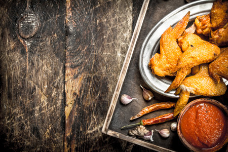 Smoked chicken wings with sauce. On a wooden background.の写真素材